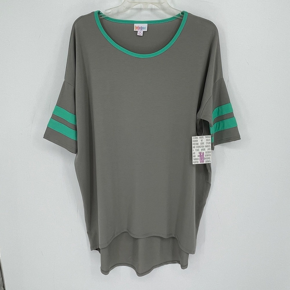 LuLaRoe NWT Women's Gray Green Varsity Stripe High Low Hem Irma Tunic Top Size M